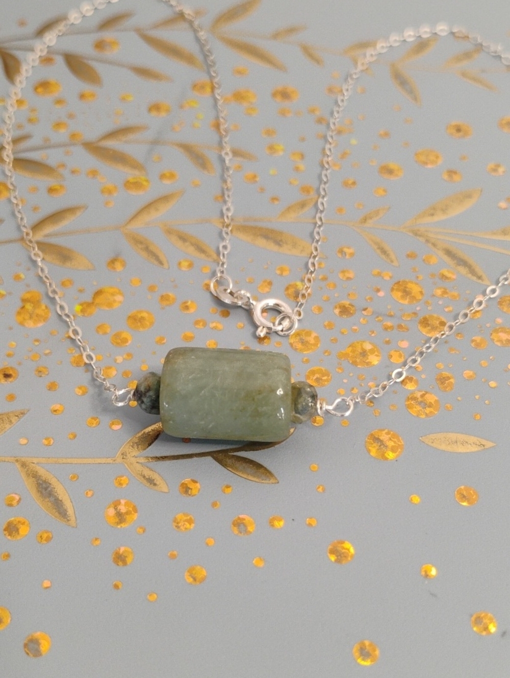 Sterling Silver Green Jade Bead Pendant Necklace